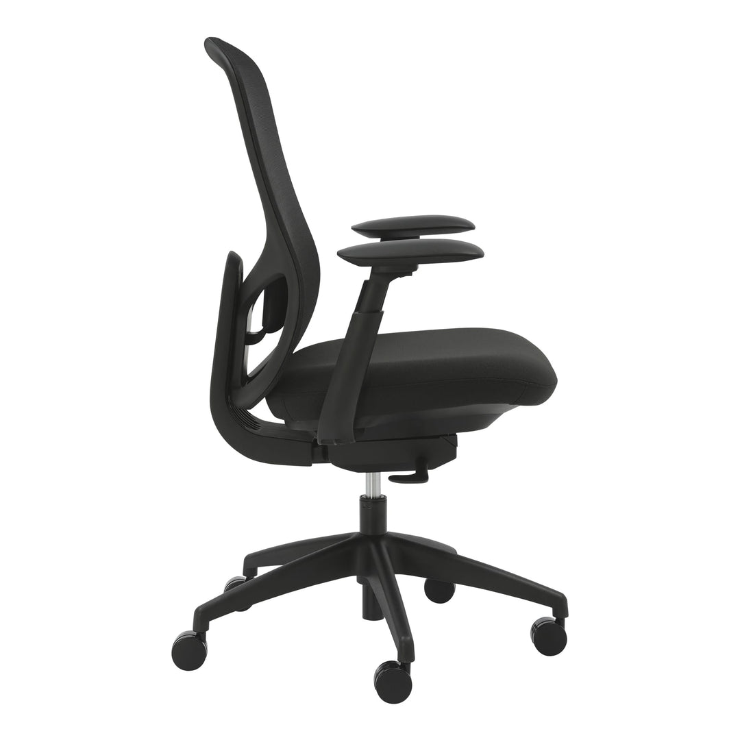 Buro Quantum mesh office chair with arms, side view showing the seat slide and lumbar