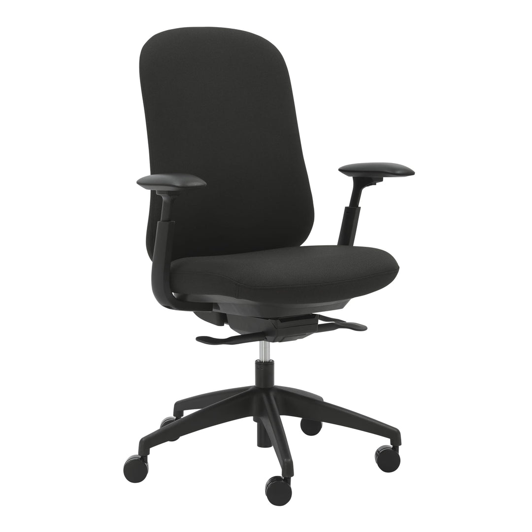 Buro Quantum office chair with black upholstered back and adjustable arms, three-quarter view