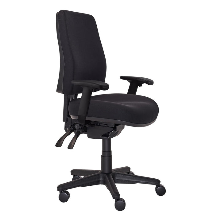 Buro Roma 3 lever high back chair with seat slide, 717A-63-SS black fabric with adjustable arms, front angle (Buro Seating photograph)
