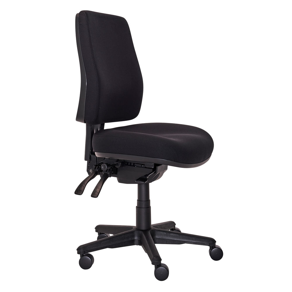 Buro Roma 3 lever high back chair with seat slide, 717-63-SS black fabric, no arms, front angle (Buro Seating photograph)