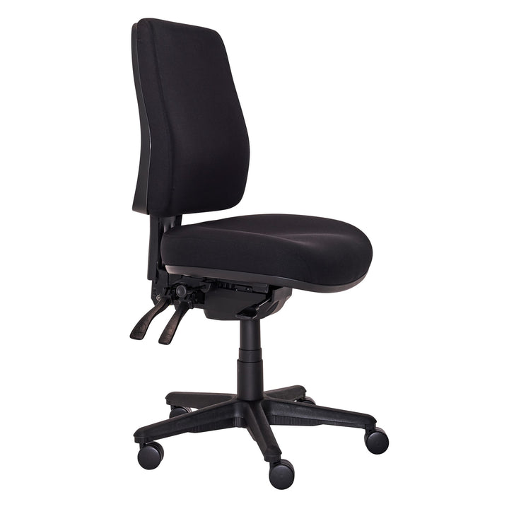 Buro Roma 3 lever high back chair with seat slide, 717-63-SS black fabric, no arms, front angle (Buro Seating photograph)
