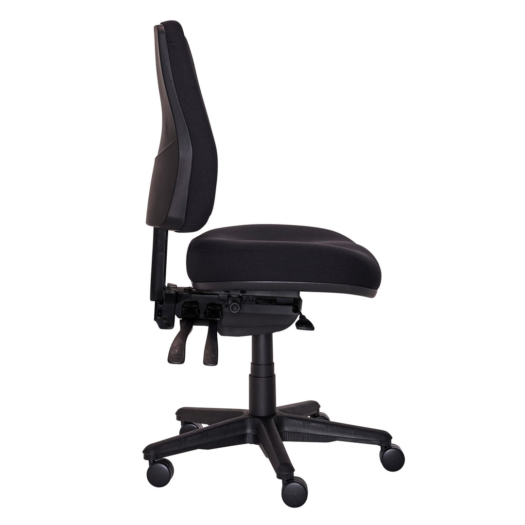 Buro Roma 3 lever high back chair with seat slide, 717-63-SS black fabric, side view (Buro Seating photograph)