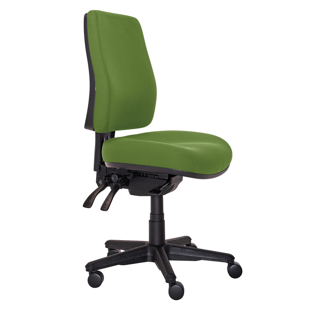 Buro Roma 3 lever high back chair with seat slide, 717-64-SS green fabric, front angle (Buro Seating photograph)