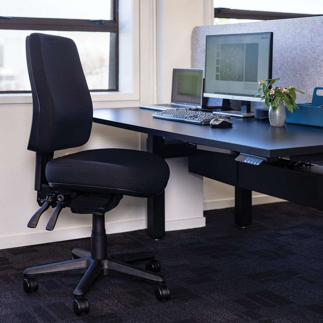 Buro Roma 3 lever high back chair with seat slide, black, in an office (Buro Seating photograph)