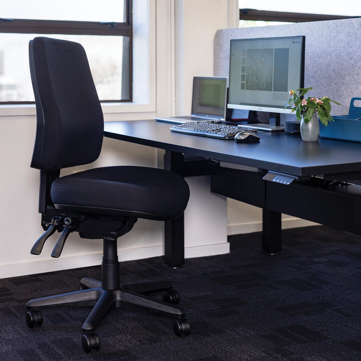 Buro Roma 3 lever high back chair with seat slide, black, in an office (Buro Seating photograph)