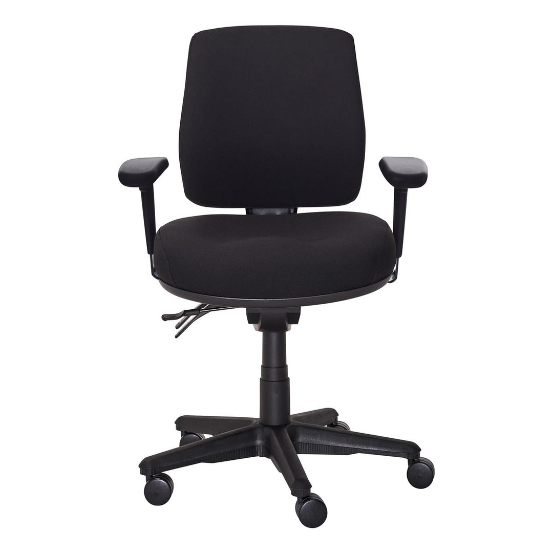Buro Roma 3 lever mid back chair with seat slide, 719A-63-SS black fabric with adjustable arms, front view (Buro Seating photograph)
