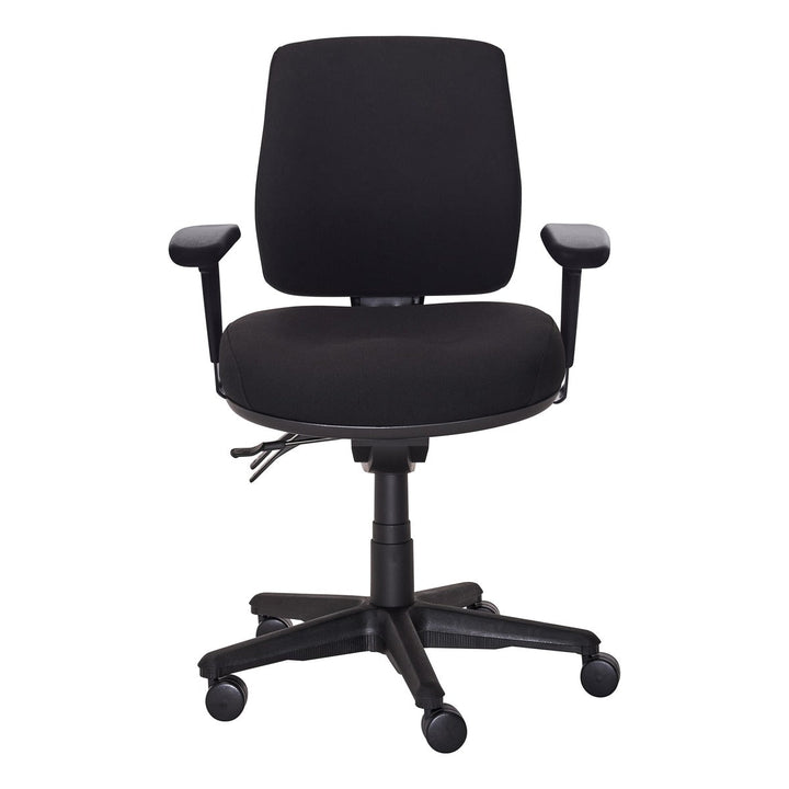 Buro Roma 3 lever mid back chair with seat slide, 719A-63-SS black fabric with adjustable arms, front view (Buro Seating photograph)