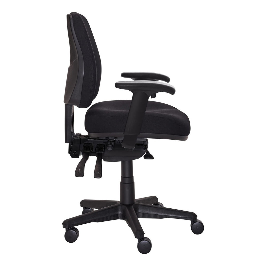 Buro Roma 3 lever mid back chair with seat slide, 719A-63-SS black fabric with adjustable arms, side view (Buro Seating photograph)