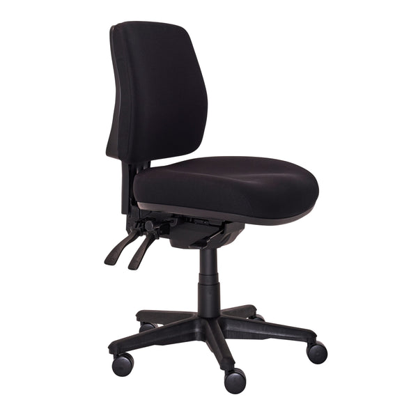 Buro Roma 3 lever mid back chair with seat slide, 719-63-SS black fabric, no arms, front angle (Buro Seating photograph)