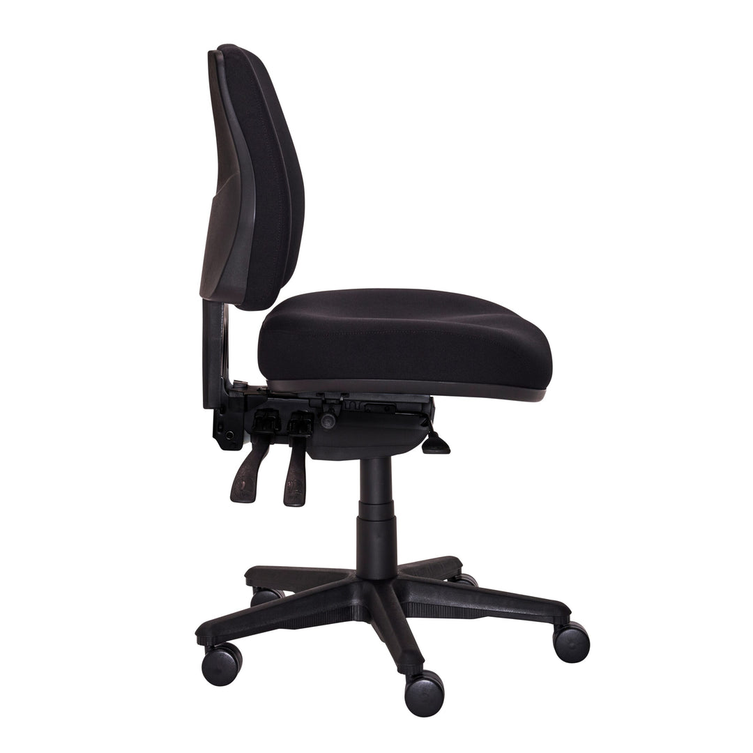 Buro Roma 3 lever mid back chair with seat slide, 719-63-SS black fabric, side view (Buro Seating photograph)