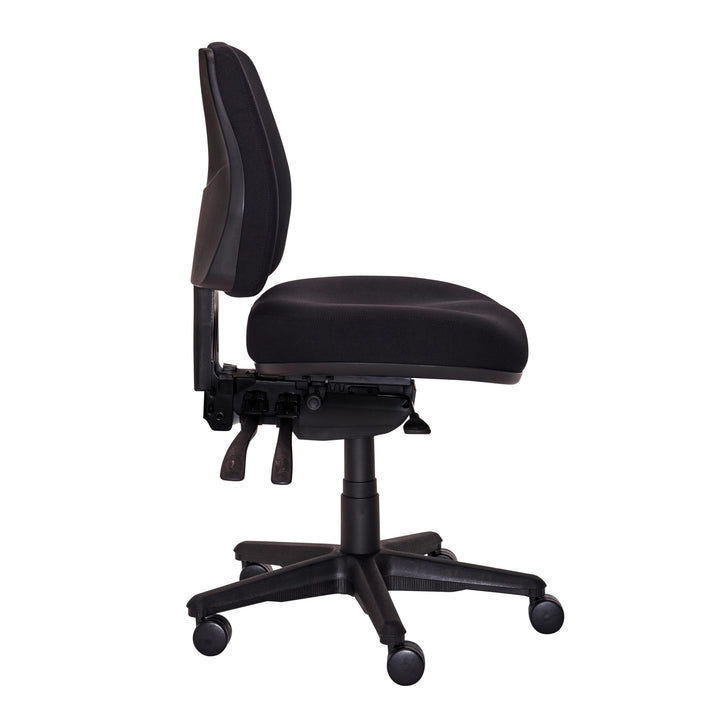 Buro Roma 3 lever mid back chair with seat slide, 719-63-SS black fabric, side view (Buro Seating photograph)