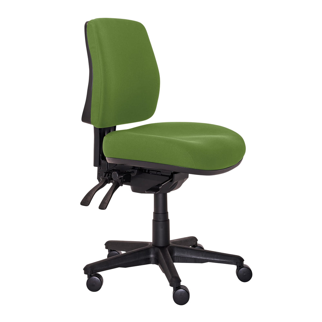 Buro Roma 3 lever mid back chair with seat slide, 719-64-SS green fabric, front angle (Buro Seating photograph)