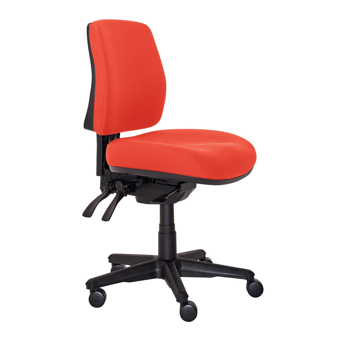 Buro Roma 3 lever mid back chair with seat slide, 719-66-SS red fabric, front angle (Buro Seating photograph)
