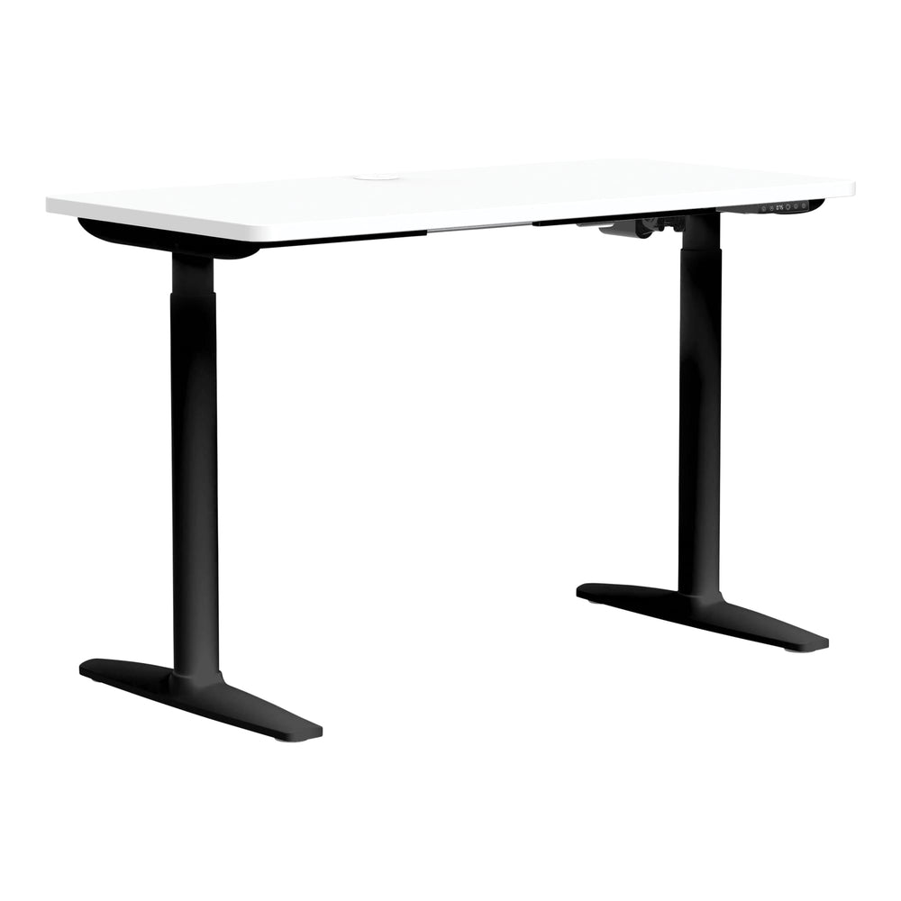 Buro Syntra height adjustable desk 1200 x 600 mm with black frame and white top, angle view