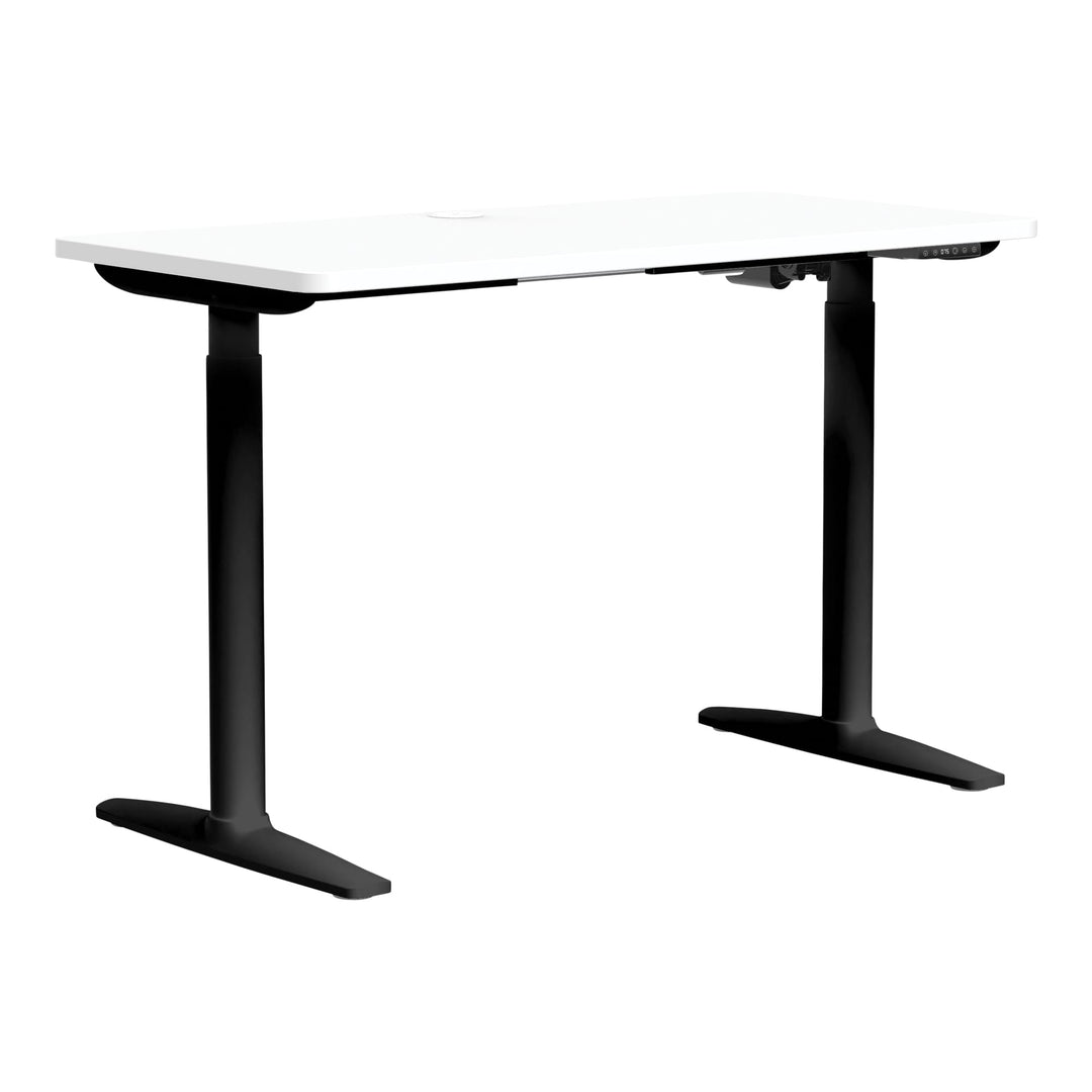 Buro Syntra height adjustable desk 1200 x 600 mm with black frame and white top, angle view