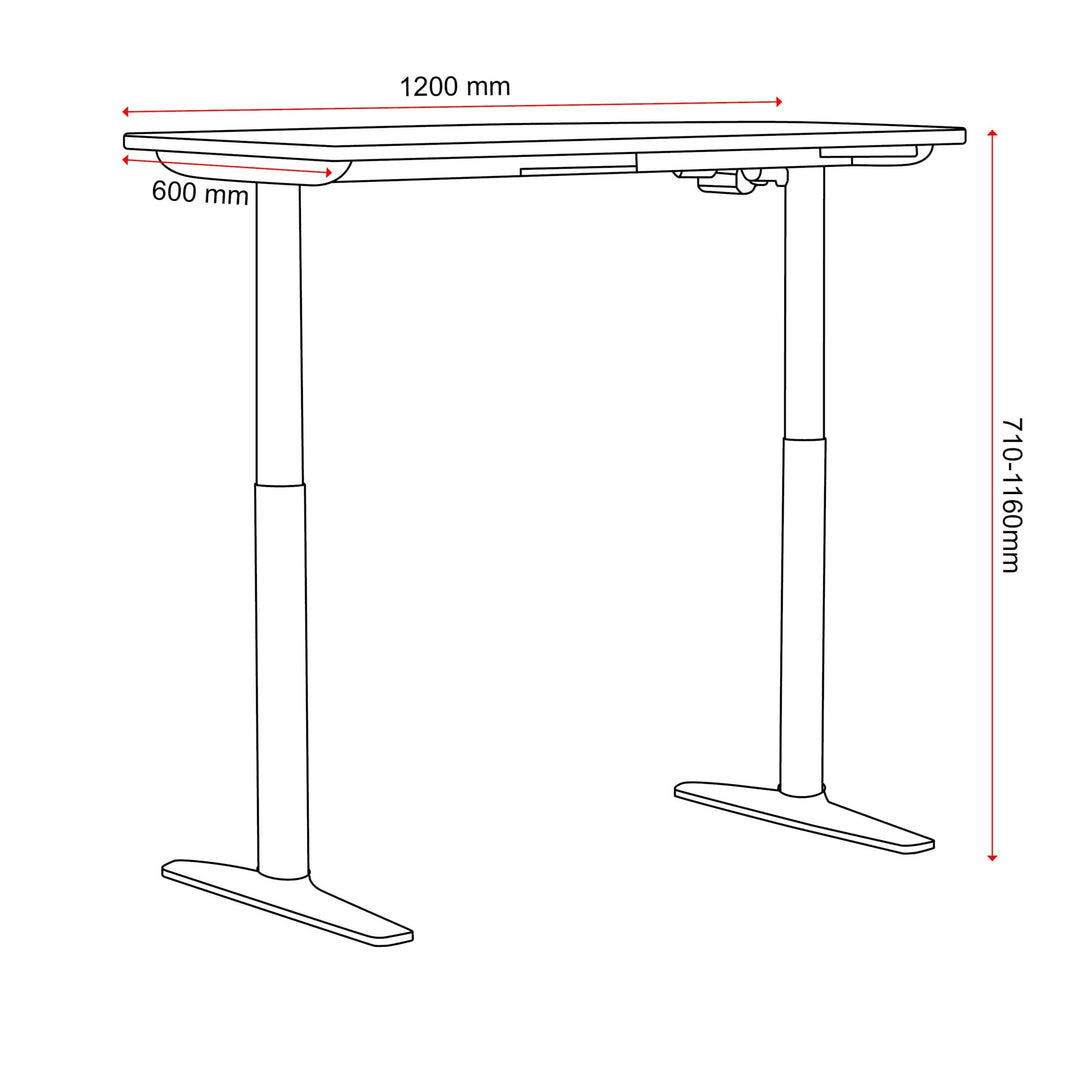 Buro Syntra height adjustable desk 1200 x 600 mm line drawing with 710 to 1160 mm height range