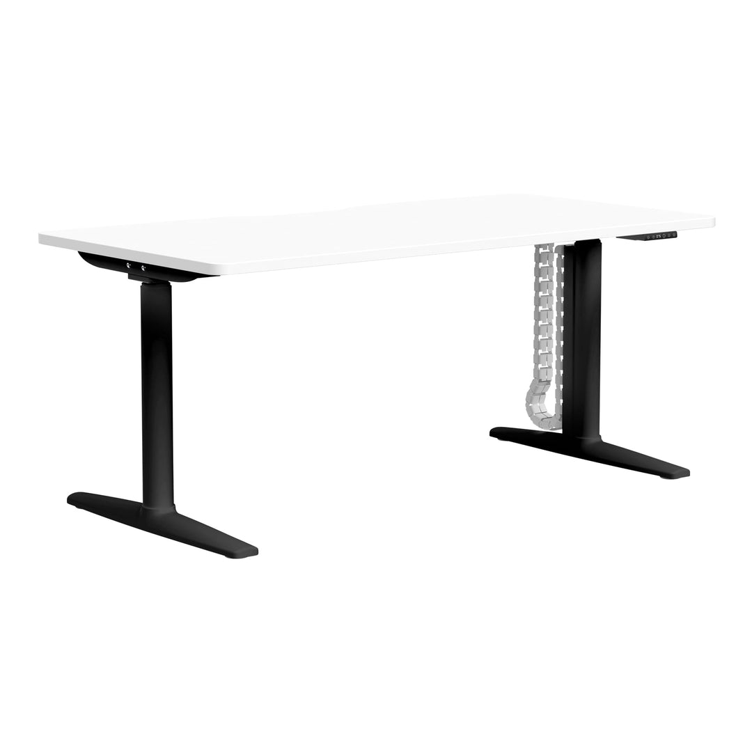 Buro Syntra height adjustable desk 1500 x 750 mm with black frame and white top, angle view, shown with optional cable spine