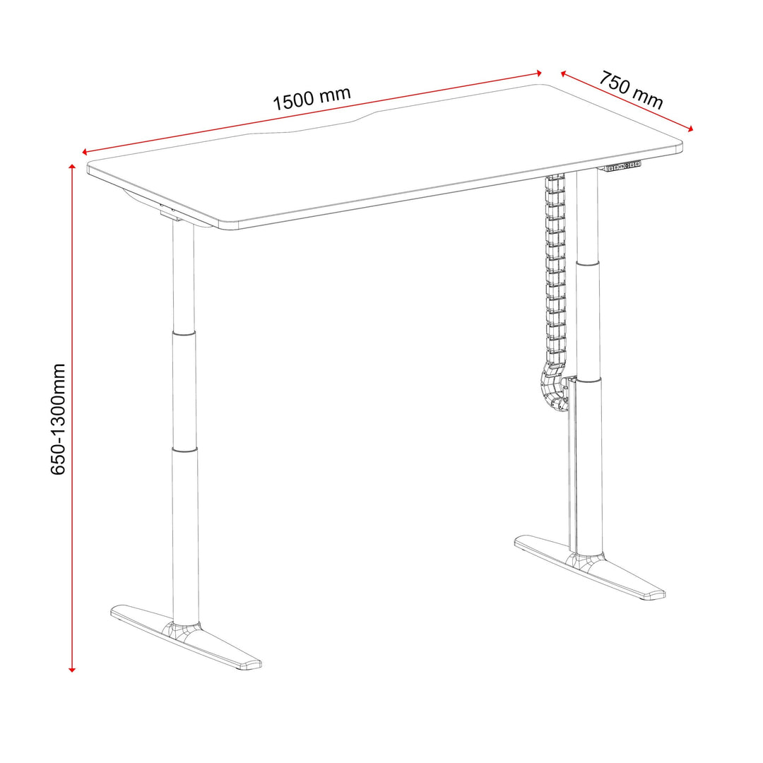 Buro Syntra height adjustable desk 1500 x 750 mm line drawing with 650 to 1300 mm height range