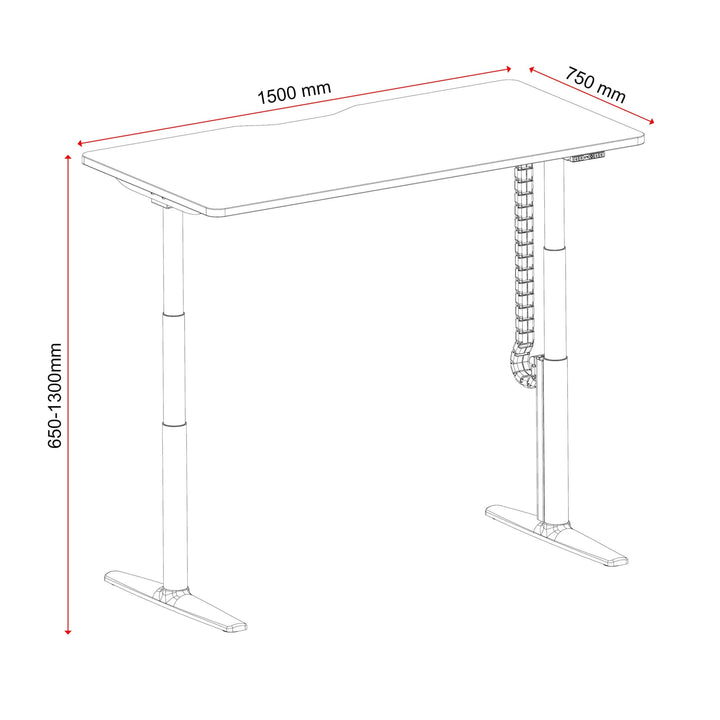 Buro Syntra height adjustable desk 1500 x 750 mm line drawing with 650 to 1300 mm height range
