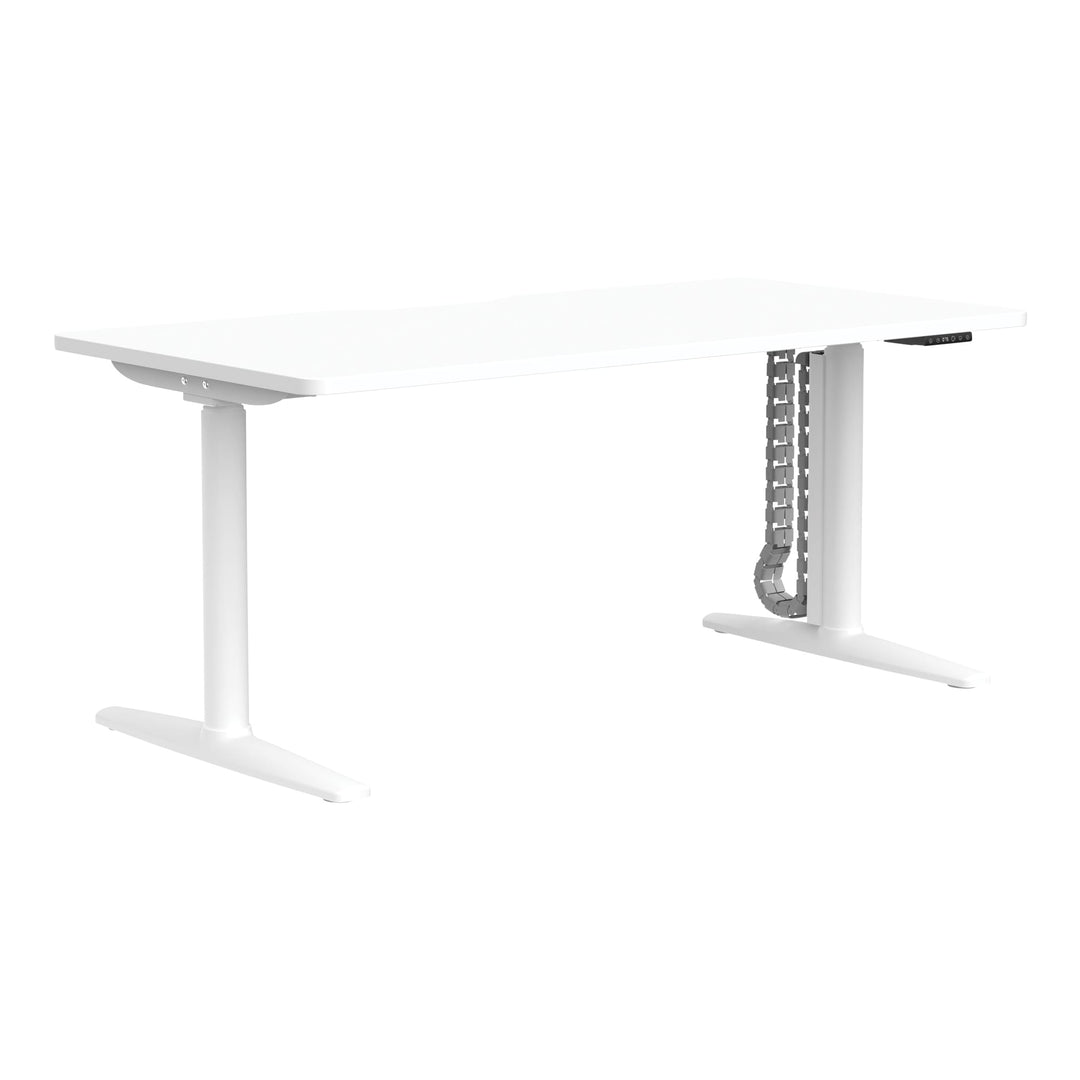 Buro Syntra height adjustable desk 1500 x 750 mm with white frame and white top, angle view, shown with optional cable spine