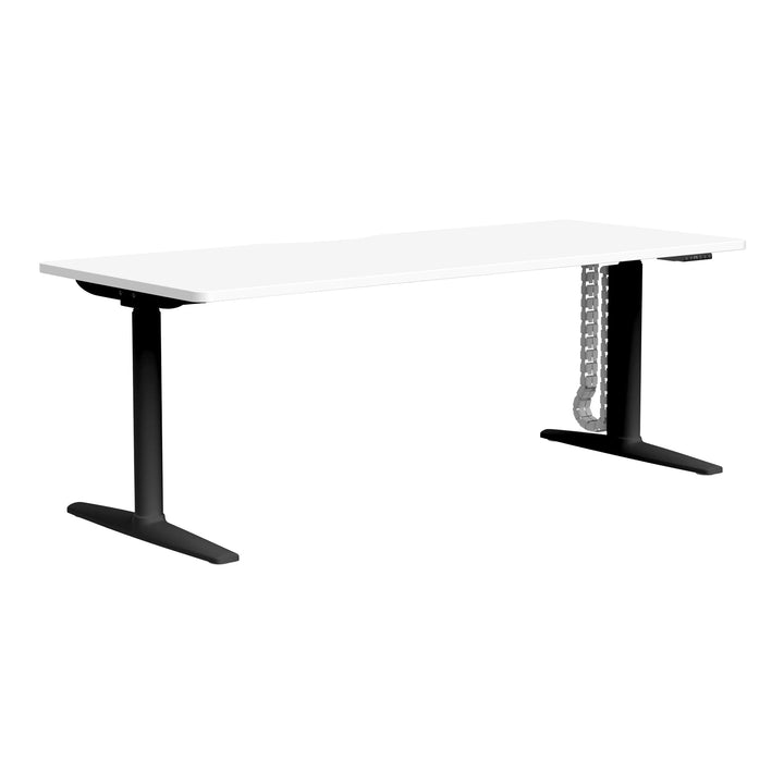 Buro Syntra height adjustable desk 1800 x 750 mm with black frame and white top, angle view, shown with optional cable spine
