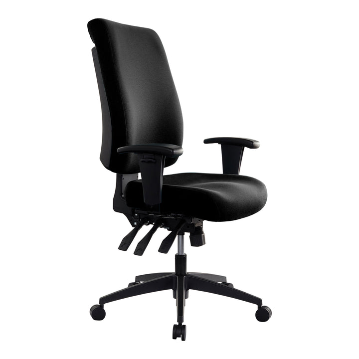 Buro Tidal high back chair, black fabric, adjustable arms, angle view (Buro Seating photograph)