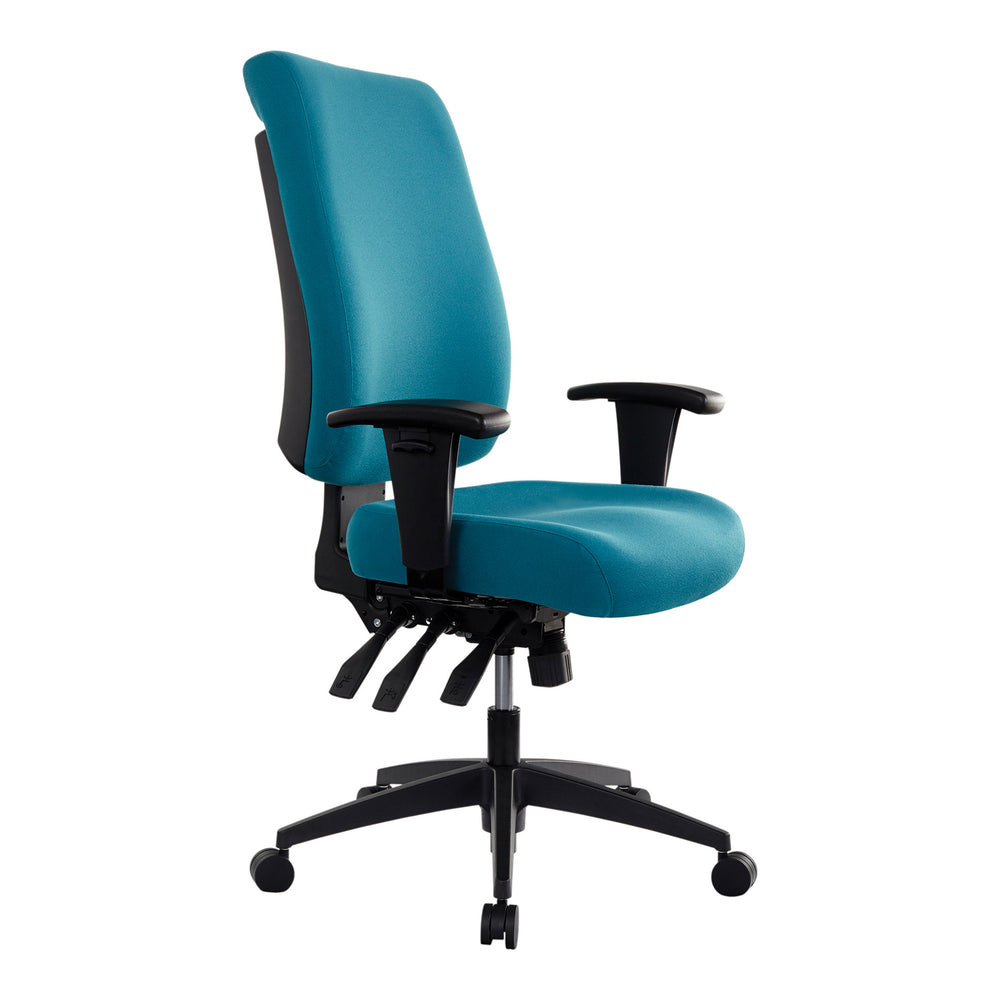Buro Tidal high back chair, teal fabric, adjustable arms, angle view (Buro Seating photograph)