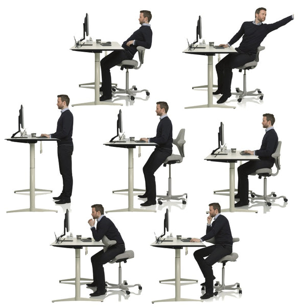 HAG Capisco designed by Peter Opsvik showing multiple sitting positions - Chair Dinkum Australia