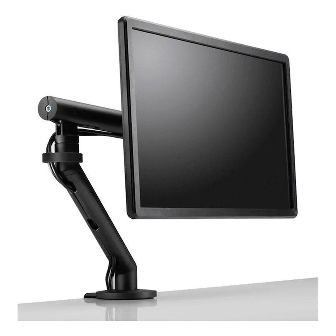 Colebrook Bosson Saunders Flo monitor arm in black holding a screen, three-quarter view, white background (CBS photograph)