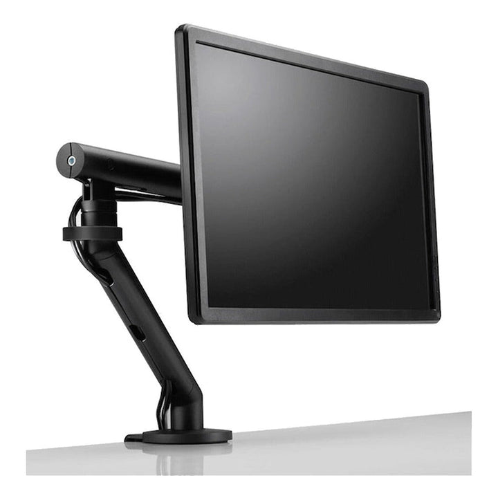 Colebrook Bosson Saunders Flo monitor arm in black holding a screen, three-quarter view, white background (CBS photograph)