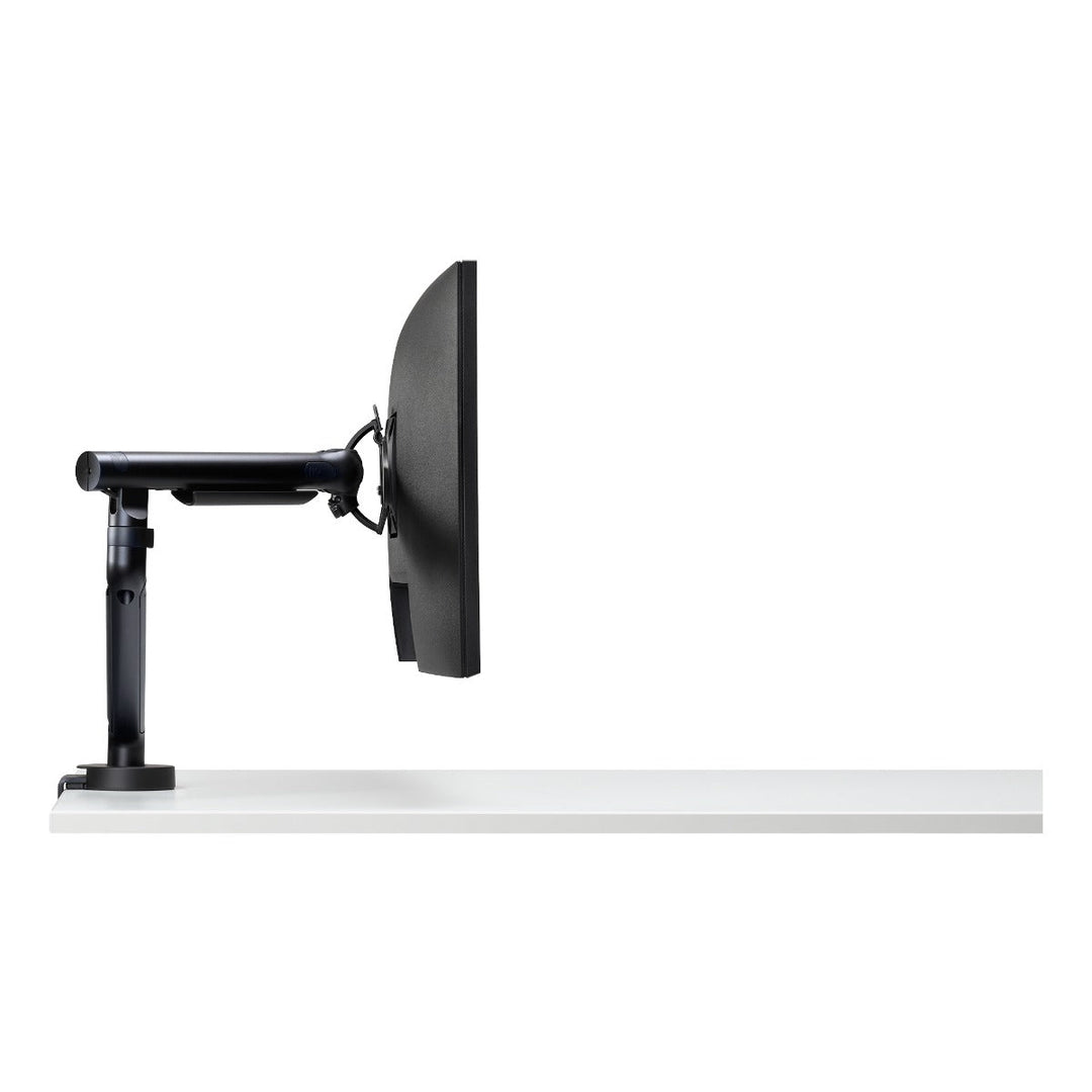 Colebrook Bosson Saunders Flo monitor arm in black holding a screen at a desk edge, white background (CBS photograph)