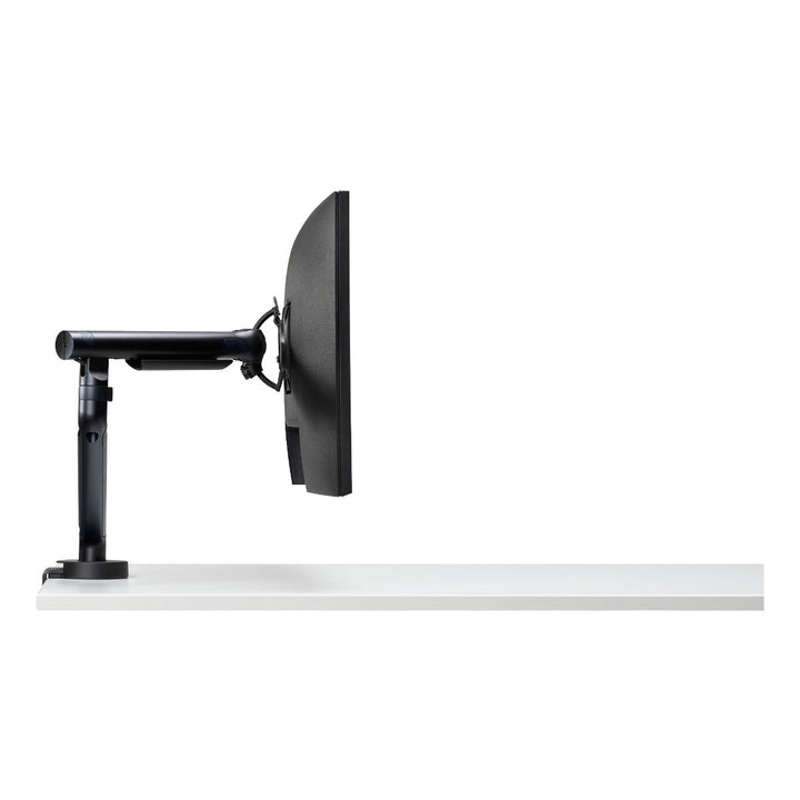Colebrook Bosson Saunders Flo monitor arm in black holding a screen at a desk edge, white background (CBS photograph)