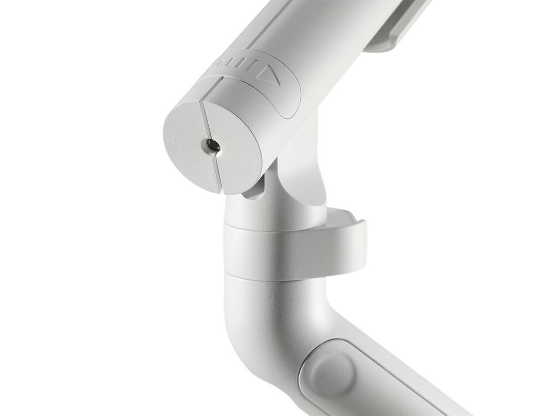 Close-up of the Dual Rate Spring tension adjuster on a white CBS Flo monitor arm (Colebrook Bosson Saunders photograph)