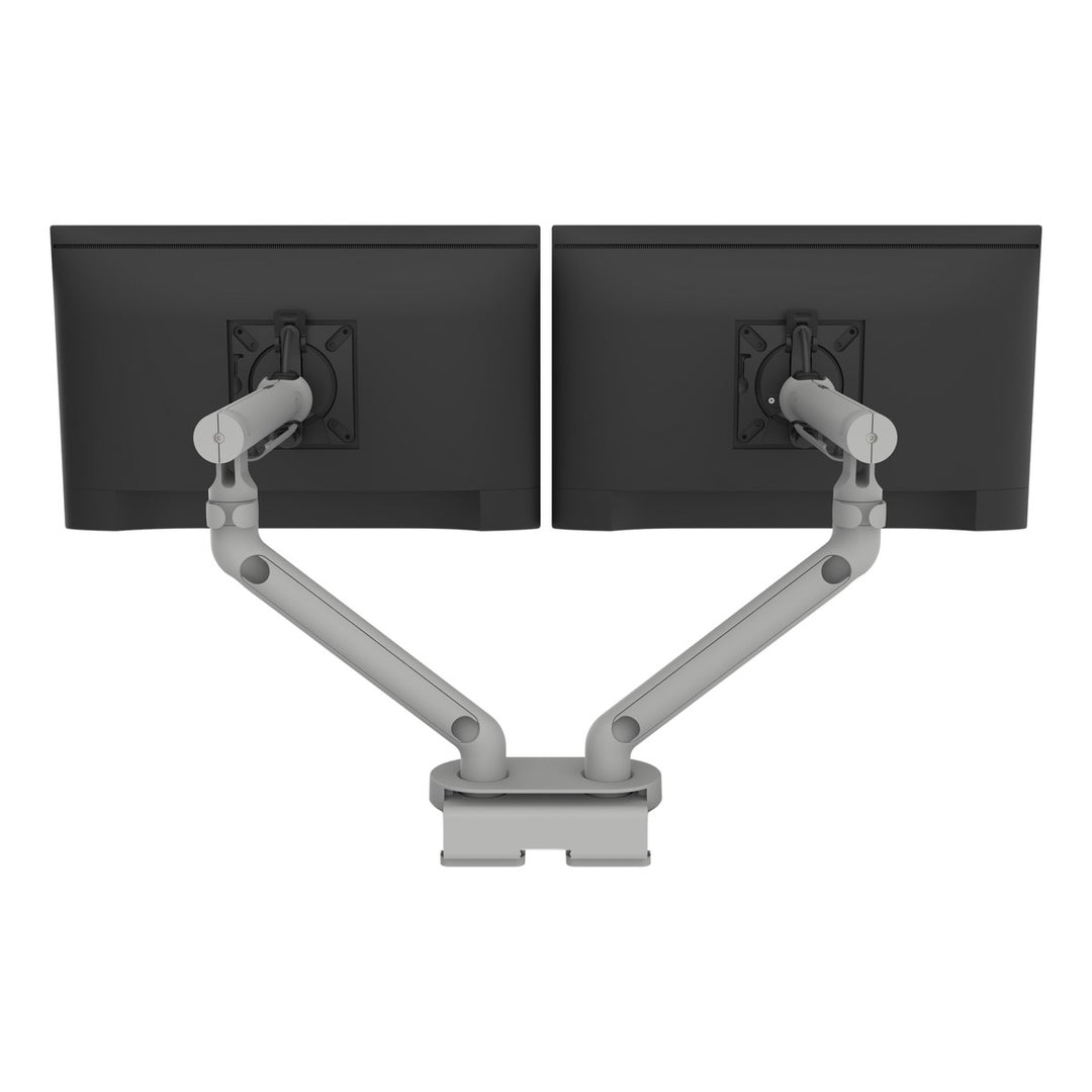 CBS Flo Dual monitor arm in silver: two Flo arms on one dual clamp carrying two screens, rear view - Chair Dinkum Australia