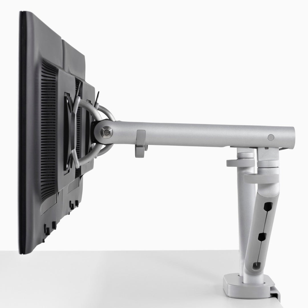 Side view of a CBS Flo Dual in silver showing both arms rising from the shared clamp - Chair Dinkum Australia