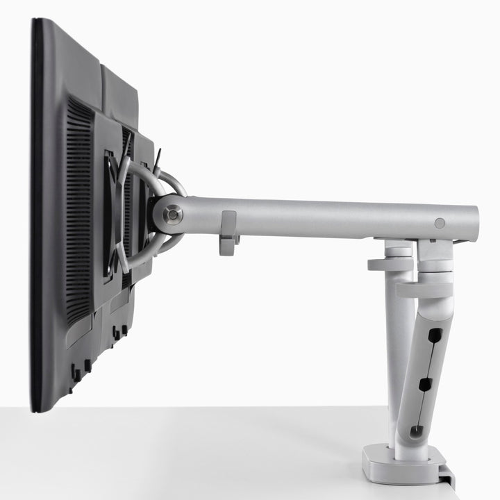 Side view of a CBS Flo Dual in silver showing both arms rising from the shared clamp - Chair Dinkum Australia