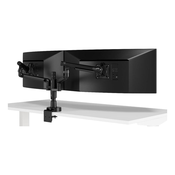 Two Colebrook Bosson Saunders Flo arms in black carrying two curved screens, white background (CBS photograph of the Flo Modular dual configuration)