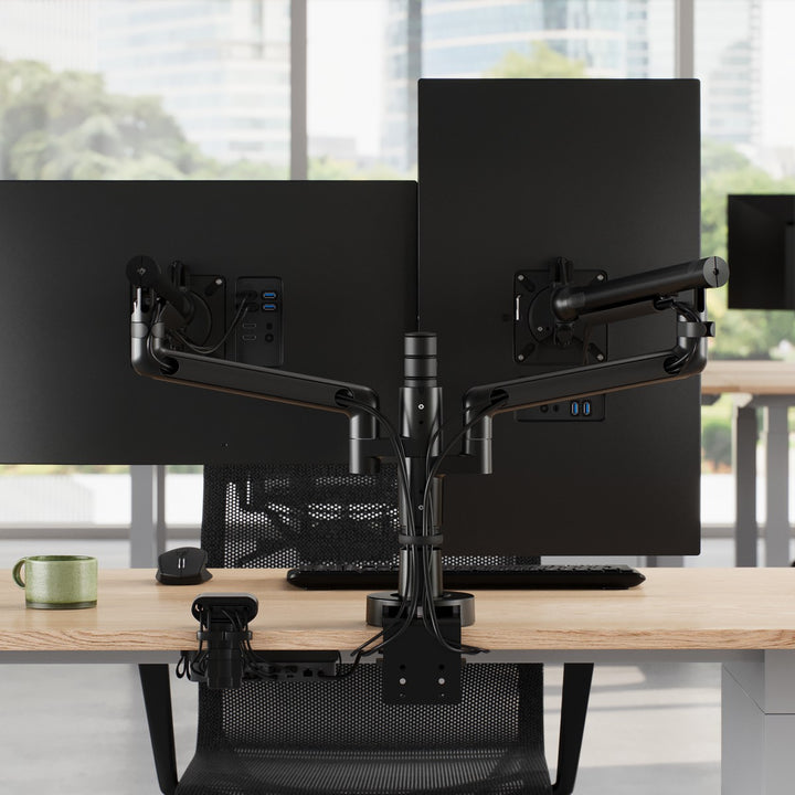 CBS Flo Modular in black: two Flo arms on one Wishbone post carrying two screens in an office - Chair Dinkum Australia