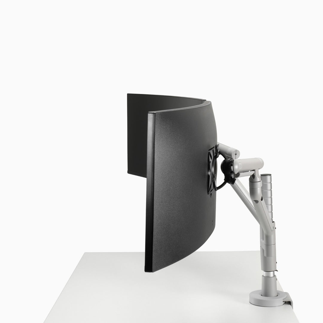 Side view of a CBS Flo Modular in silver: two arms on one Wishbone post holding two curved screens - Chair Dinkum Australia