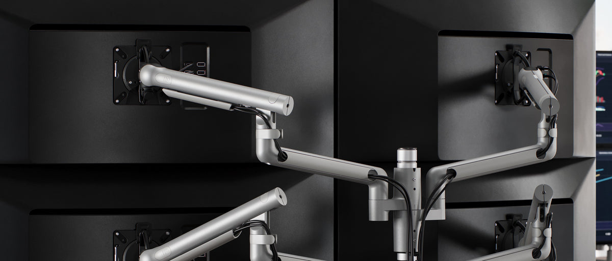 Four screens held on CBS Flo Modular arms in silver around a central Wishbone post - Chair Dinkum Australia - Chair Dinkum