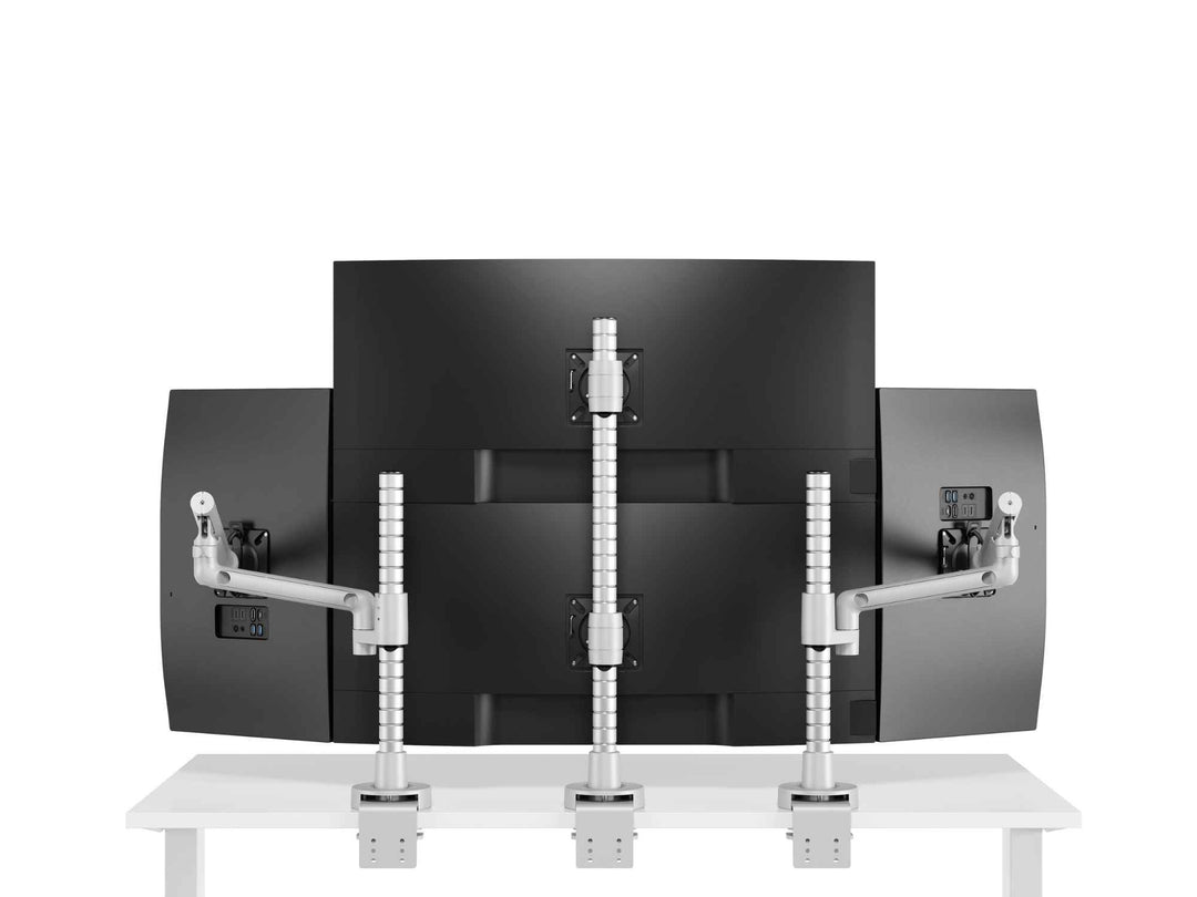 Four screens carried on Colebrook Bosson Saunders Flo Modular arms in silver at a workstation (Colebrook Bosson Saunders photograph)