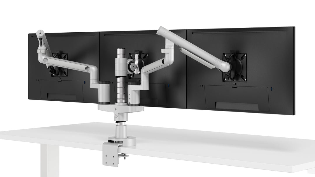 Three screens on CBS Flo Modular arms in silver sharing one Wishbone post, studio - Chair Dinkum Australia