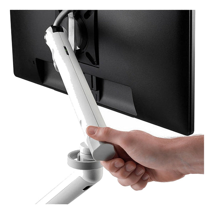 Setting the tension on a white Colebrook Bosson Saunders Flo monitor arm with the D-ring adjuster, white background (CBS photograph)