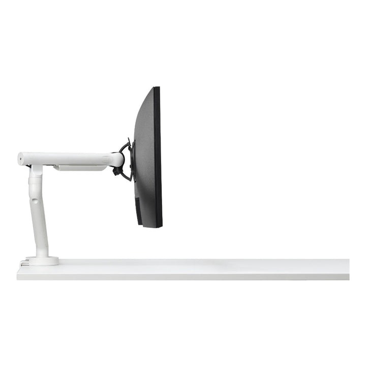 One of the two Colebrook Bosson Saunders Flo arms supplied in this set, white, holding a screen at a desk edge, white background (CBS photograph)
