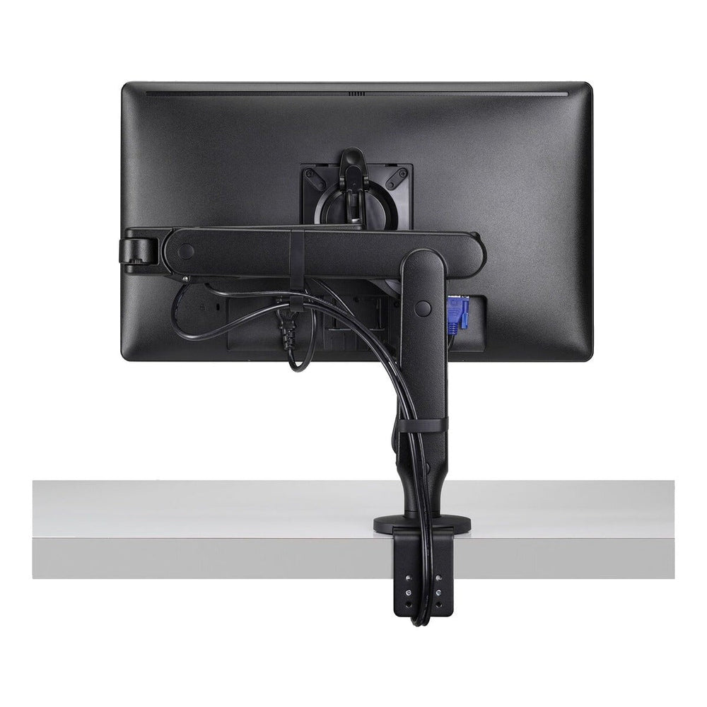 Colebrook Bosson Saunders Ollin monitor arm in black holding a screen, rear three-quarter view, white background (CBS photograph)