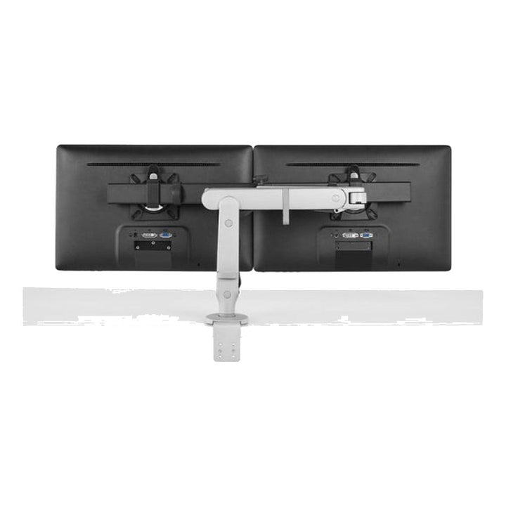 Two screens carried on Colebrook Bosson Saunders Ollin arms mounted on the dual mount bar, front view, white background (CBS photograph)