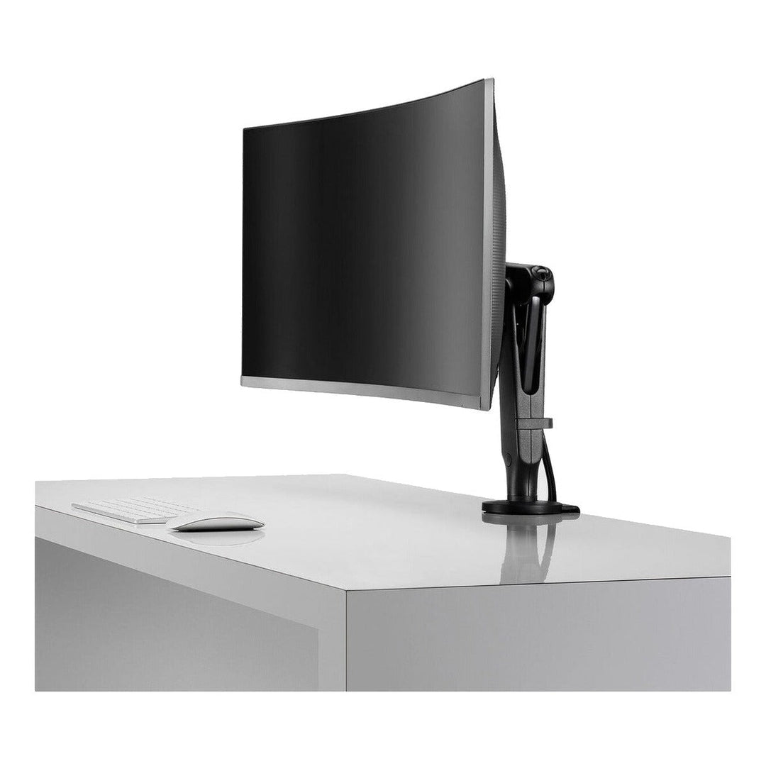 Colebrook Bosson Saunders Ollin monitor arm holding a curved screen at a desk, side view, white background (CBS photograph)