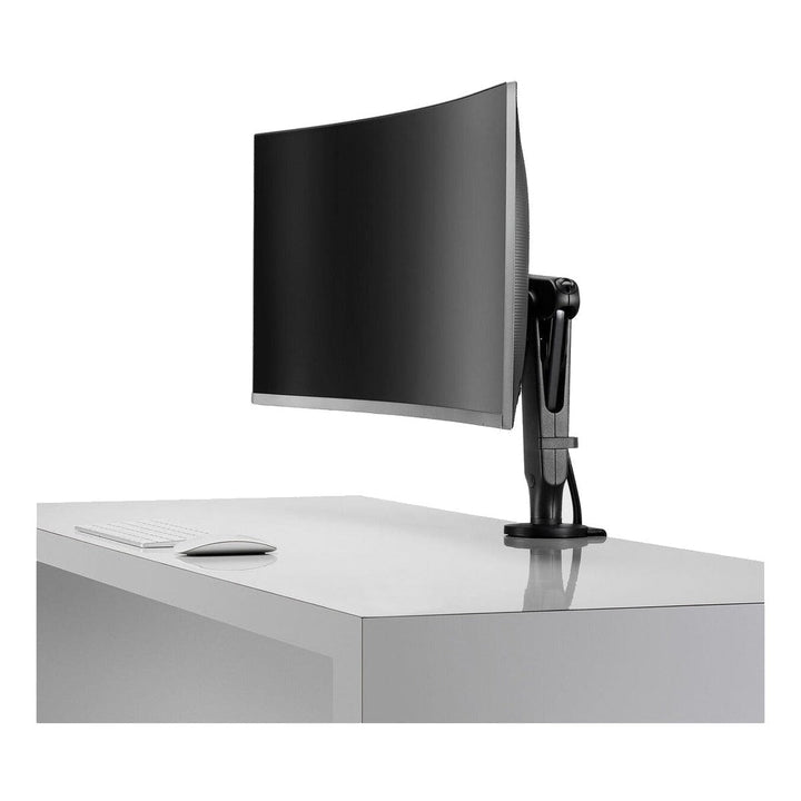 Colebrook Bosson Saunders Ollin monitor arm holding a curved screen at a desk, side view, white background (CBS photograph)