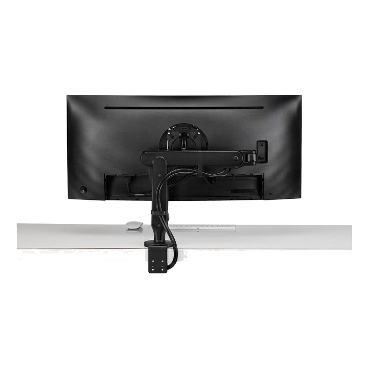 Colebrook Bosson Saunders Ollin monitor arm holding a wide screen, rear view, white background (CBS photograph)