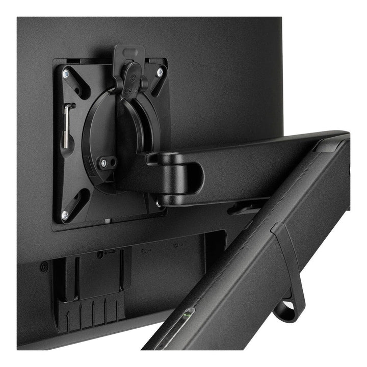 Close-up of the VESA head and arm joint on a Colebrook Bosson Saunders Ollin monitor arm, white background (CBS photograph)